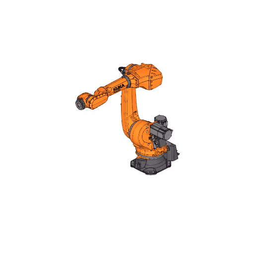An orange robotic arm is shown in a dynamic position.