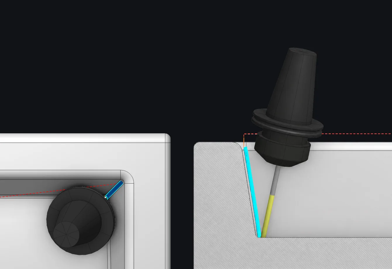 Tool holder tilting clear of a pocket wall, shown in two views with the toolpath