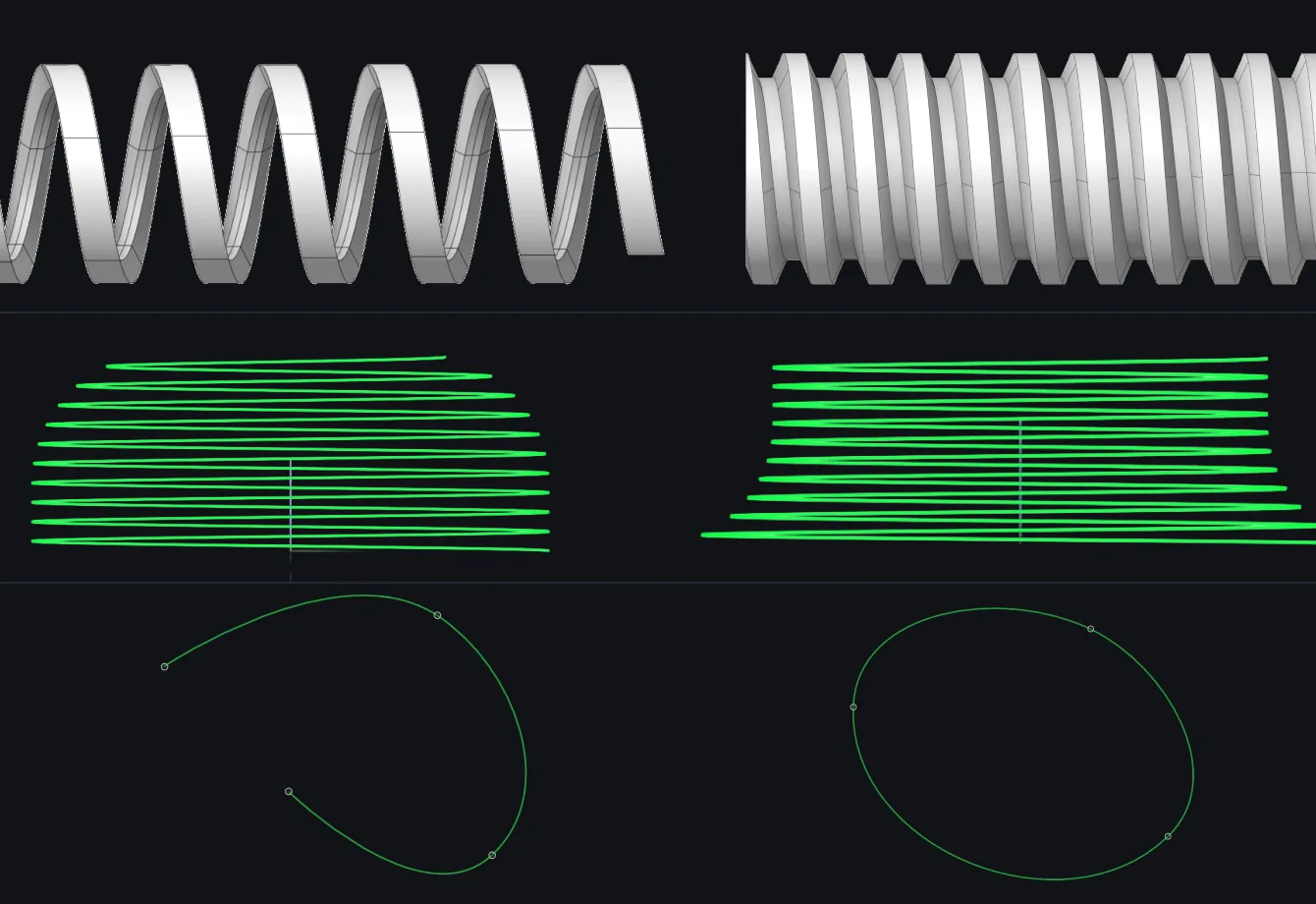 Coil and helix solids with green spline curves showing runout and a closed spline