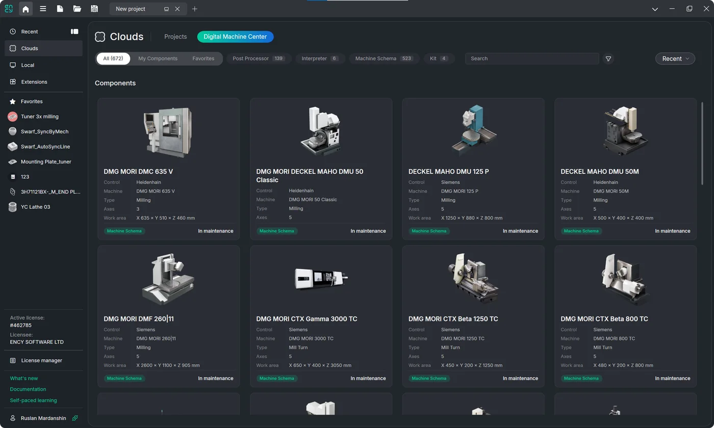 ENCY Clouds catalogue with the Digital Machine Center tab open on a grid of machine components