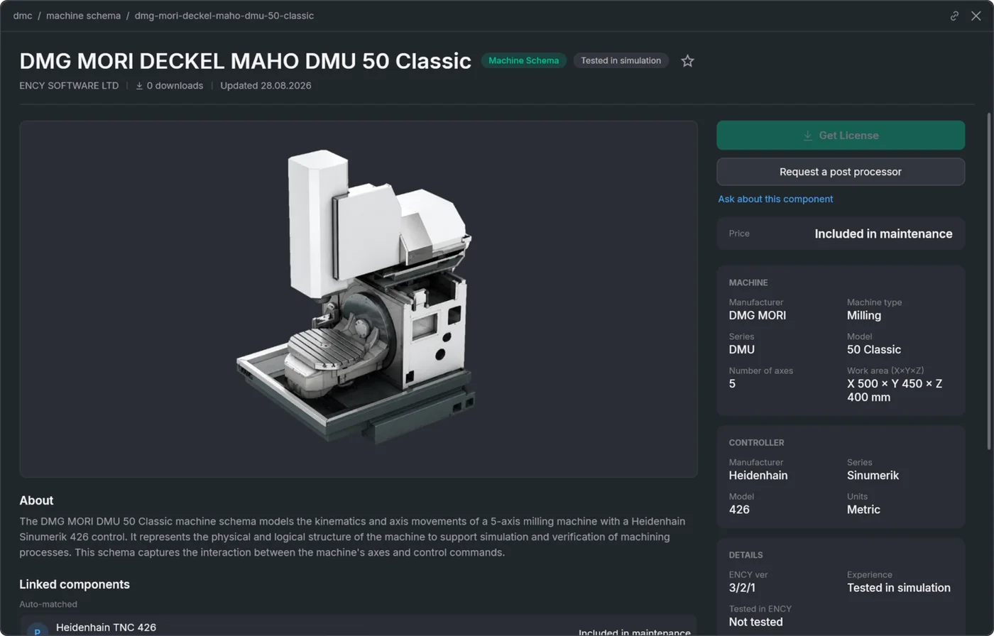 Digital Machine Center product page for the DMG MORI DMU 50 Classic machine schema with specifications and licensing
