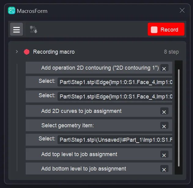 ENCY macro recording interface with captured workflow steps