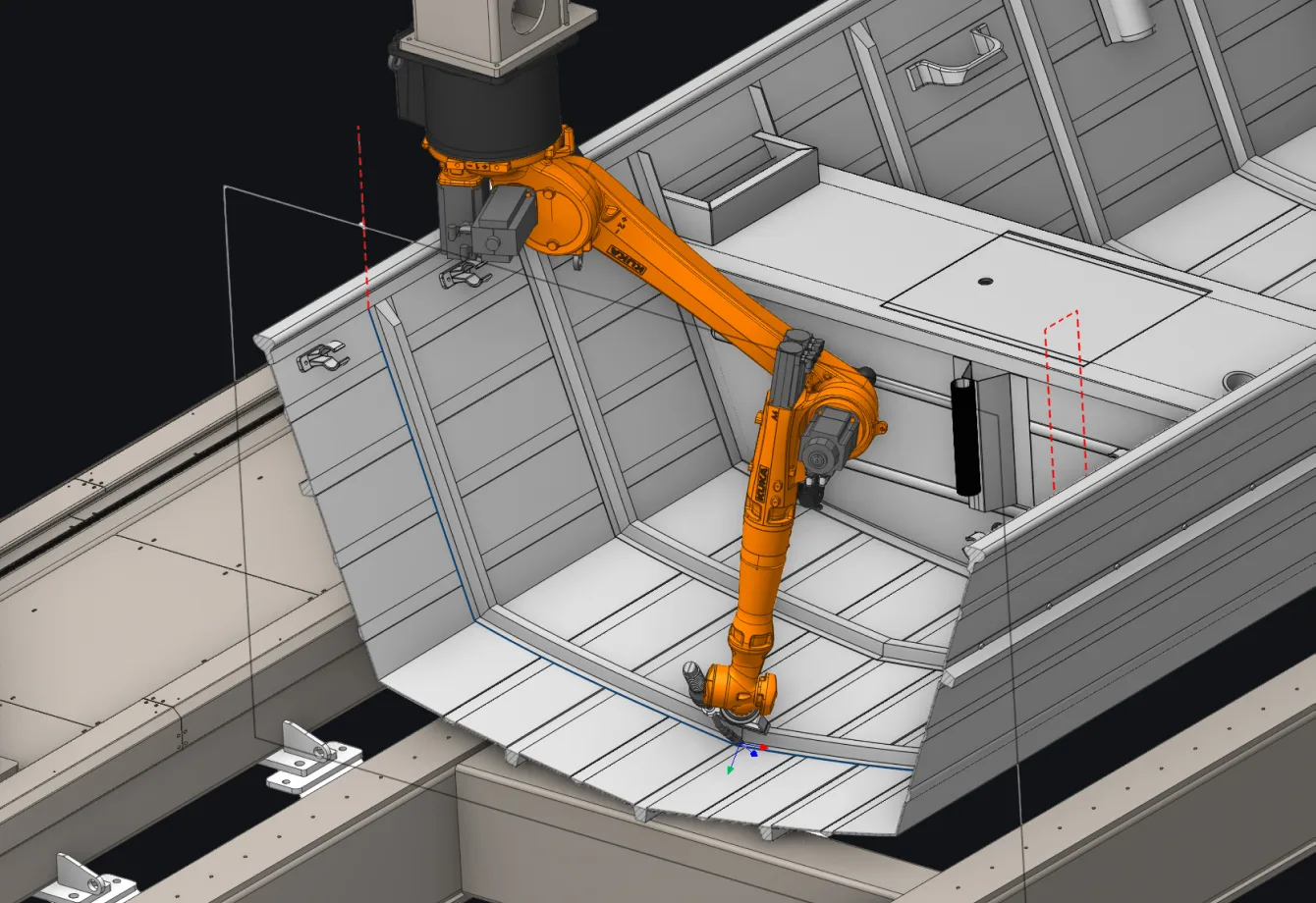 Industrial robot arm machining a large sheet-metal panel along a computed trajectory