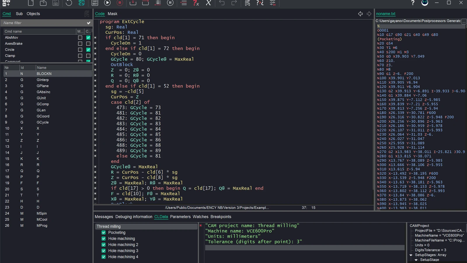 ENCY postprocessor generator with drilling-cycle handler code, output registers and the generated NC program