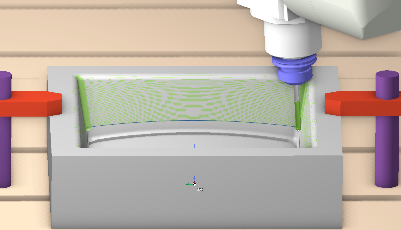 ENCY simulation of a deep curved pocket: the tool leans over while the holder and the spindle head stay clear of the walls