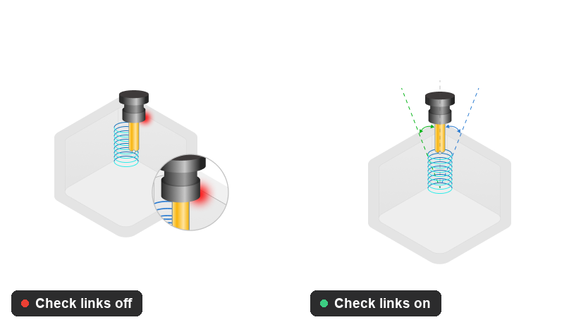 ENCY diagram pair: with Check links off the tool clips the workpiece between passes; with Check links on it deviates in two directions and clears it