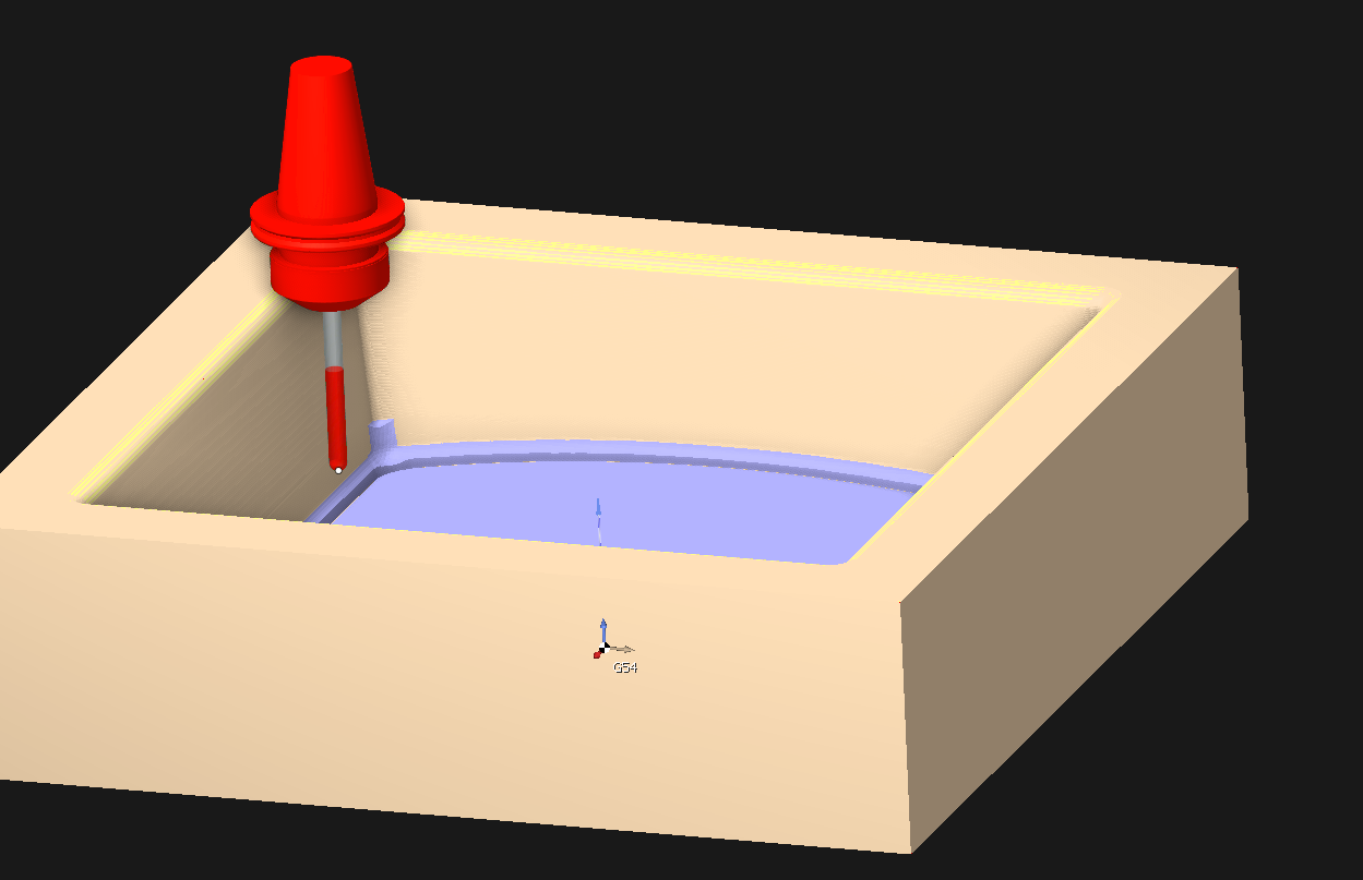 Close-up of an ENCY simulation: the vertical tool holder buried in the pocket wall, the colliding holder highlighted in red
