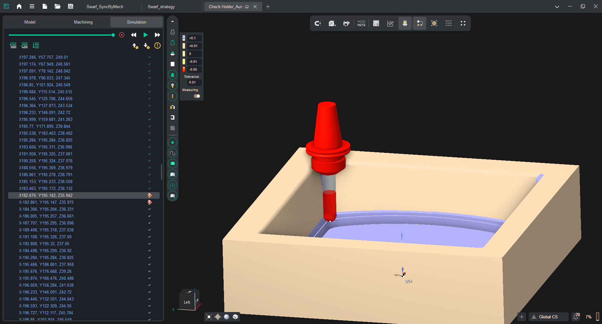 ENCY simulation listing NC blocks with holder-collision flags next to the 3D view