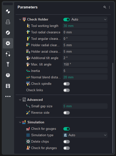 ENCY operation parameters: the Check Holder group set to Auto, with tool and holder clearances, tilt limits, inertia and Check links