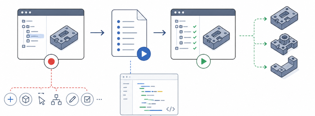 Diagram: actions recorded into a macro, replayed as a step list and applied to several different parts