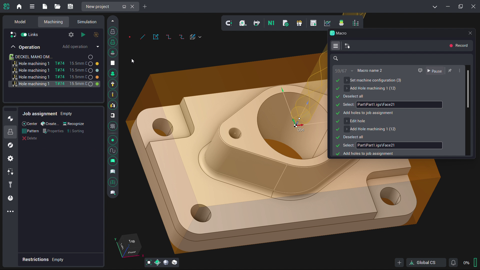 A saved ENCY macro expanded into grouped steps — machine configuration and hole machining — each with its status dot and editable fields