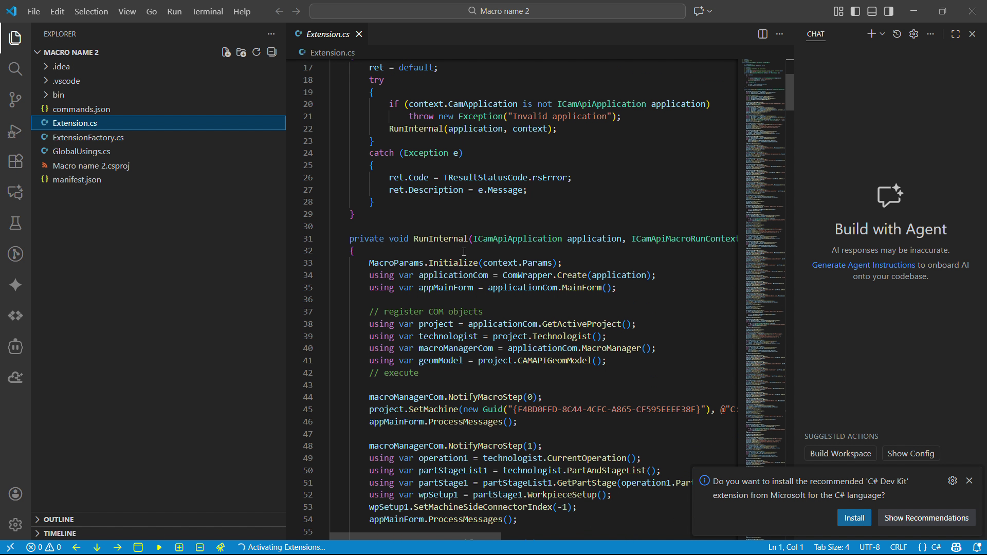 A recorded ENCY macro opened in VS Code: generated C# extension source with the API calls for every recorded step