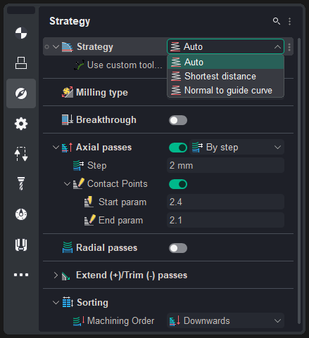 ENCY SWARF operation inspector with the tool-axis strategy dropdown: Auto, Shortest distance, Normal to guide curve