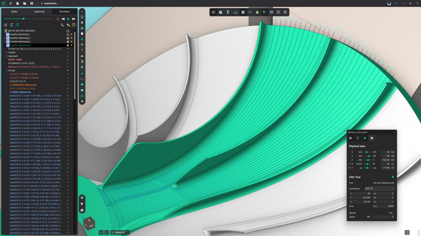 A close-up view of intricately shaped multiaxis surfaces in teal and white.