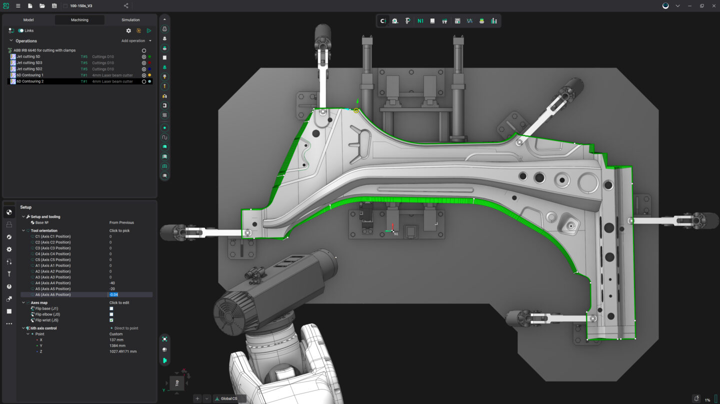 A robotic arm calculates a simple toolpath on a metal part.