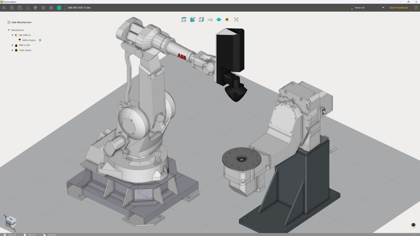A virtual model showcases robotic cells with an active robotic arm.