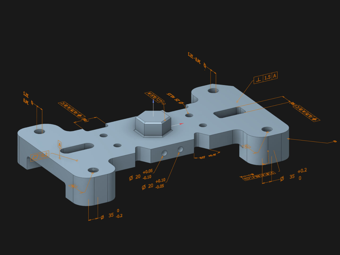 3D CAD model of a mechanical part with dimension annotations.