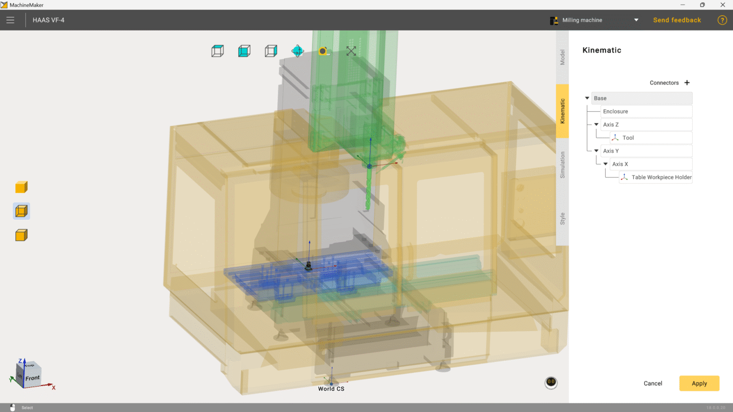 3D rendering of a machine tool visualizing its components and operation.