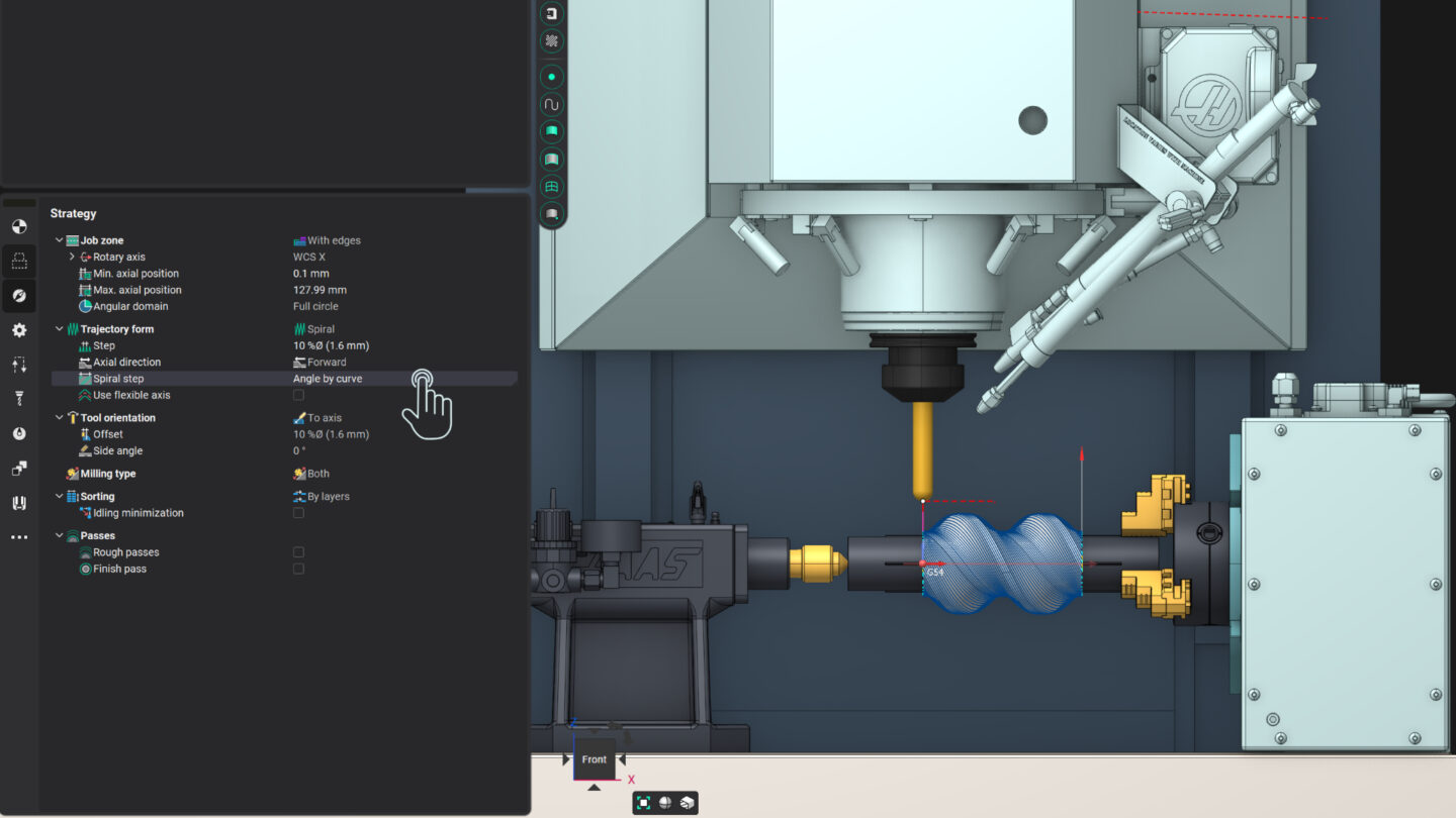 A CNC machine shows a rotary tool actively machining a part.