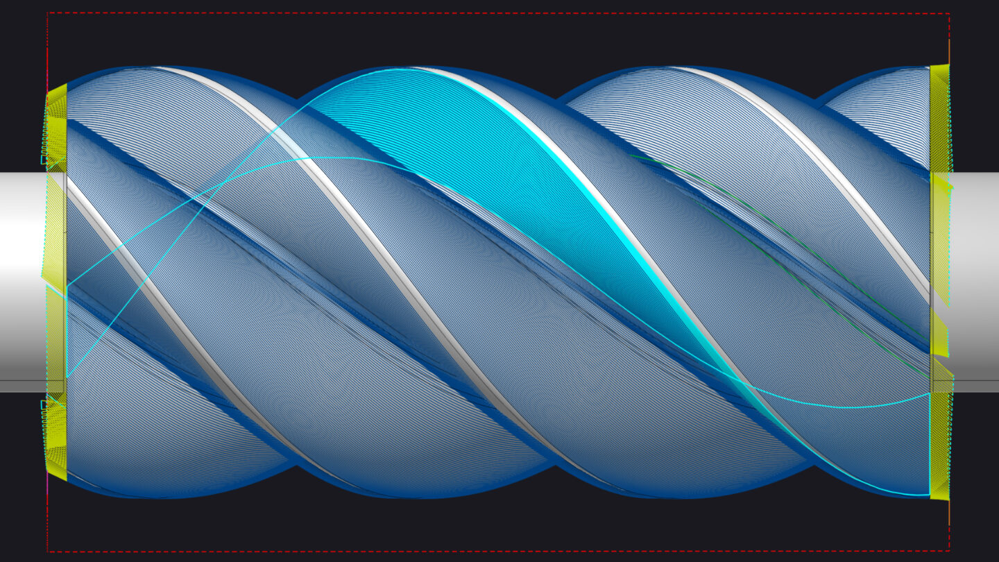 A close-up of a twisted rotary finishing tool featuring blue and silver stripes.