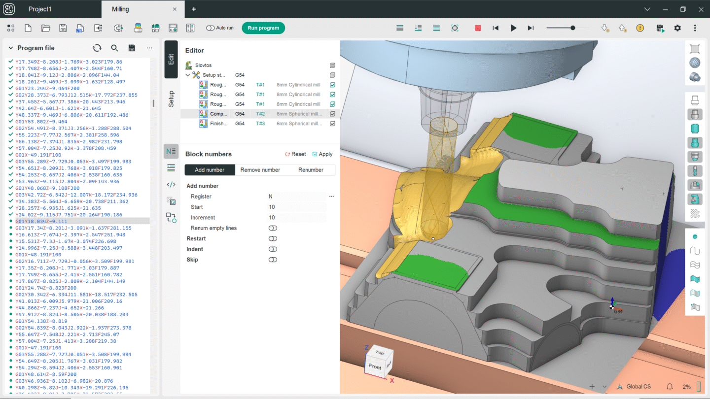 A digital interface displays a CNC milling operation with a model.