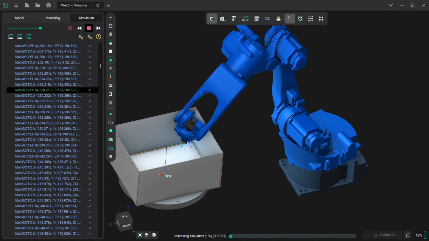 A blue robotic arm is manipulating a container in a 3D workspace.