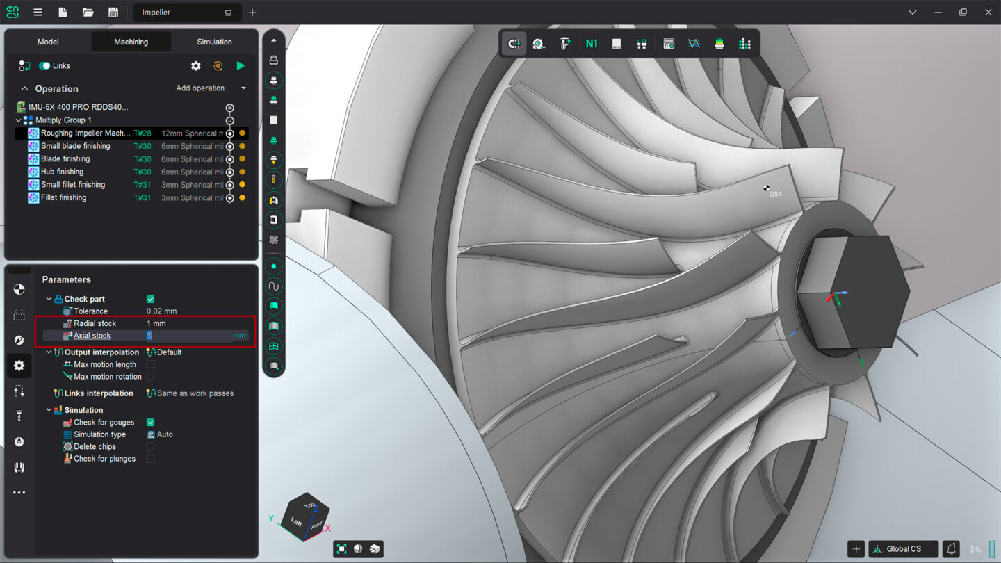 A computer-aided design interface displaying a detailed turbine model.