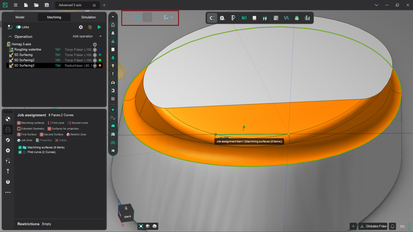 3D modeling software interface displaying a shaped object in progress.