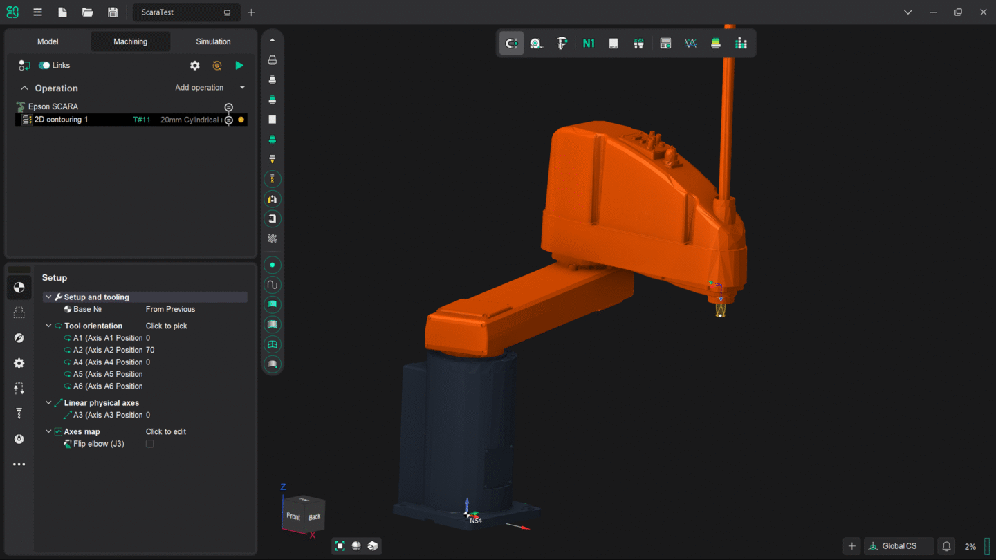 A 3D rendering of an orange robotic arm in a design software.