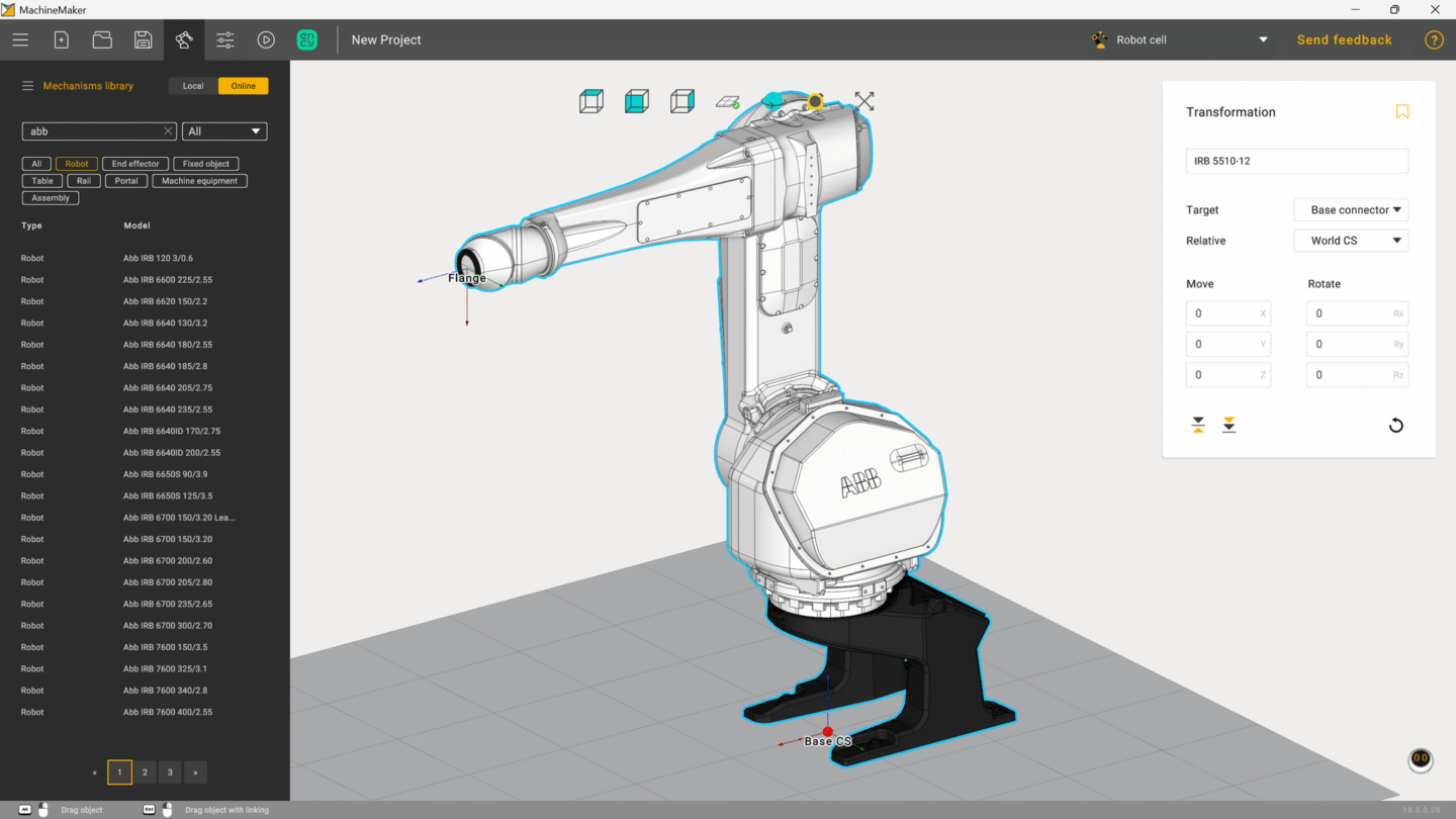 A robotic arm is displayed in a design software interface.