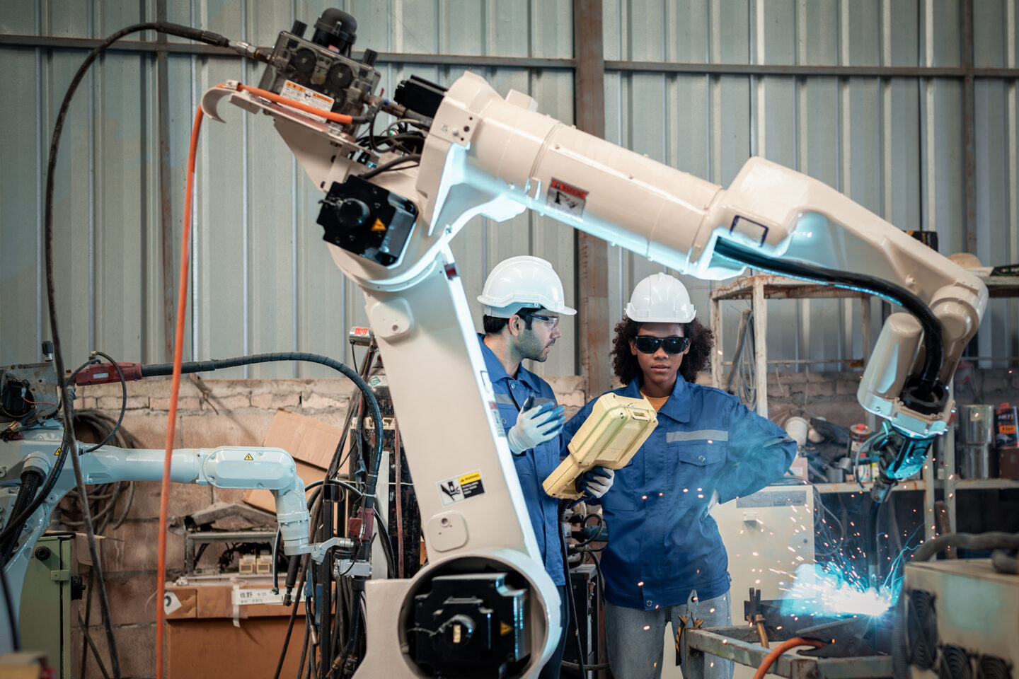 Two engineers monitor a robotic arm in a factory setting.