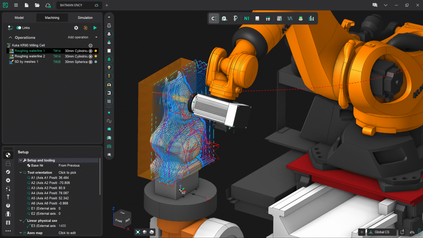A robotic arm is manipulating a digital object in a software interface.