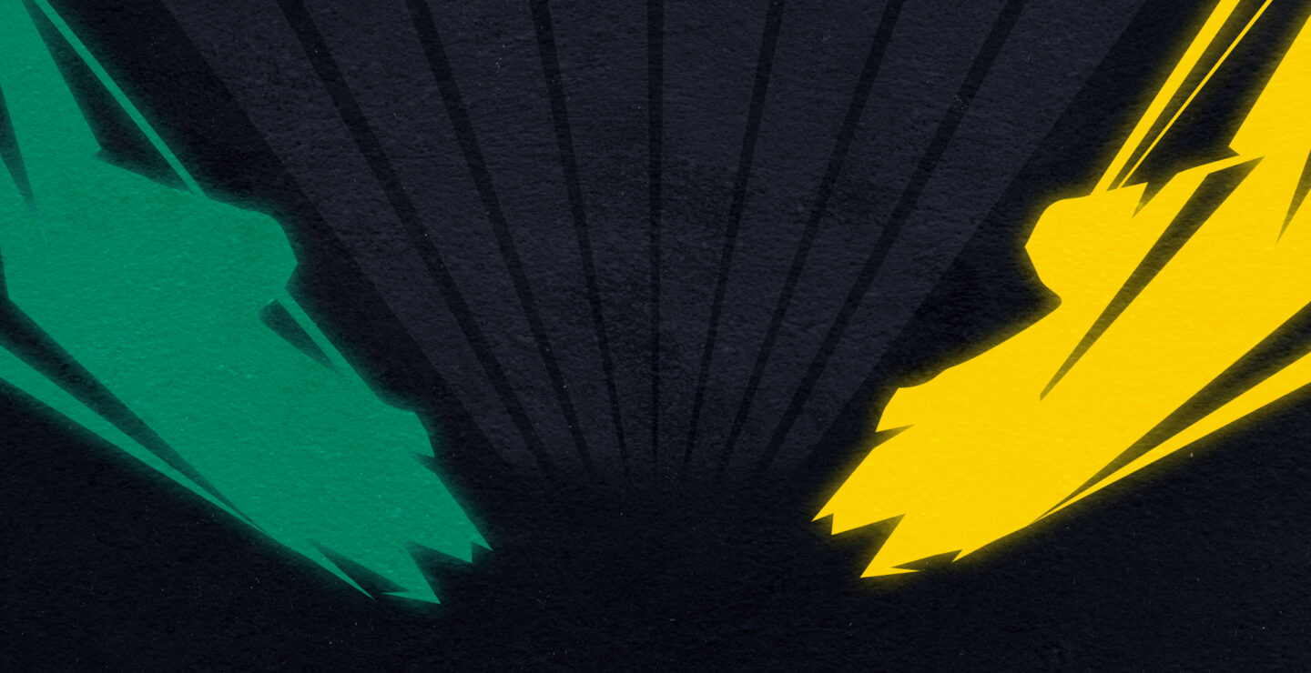 A dark background features vibrant green and yellow brush strokes.