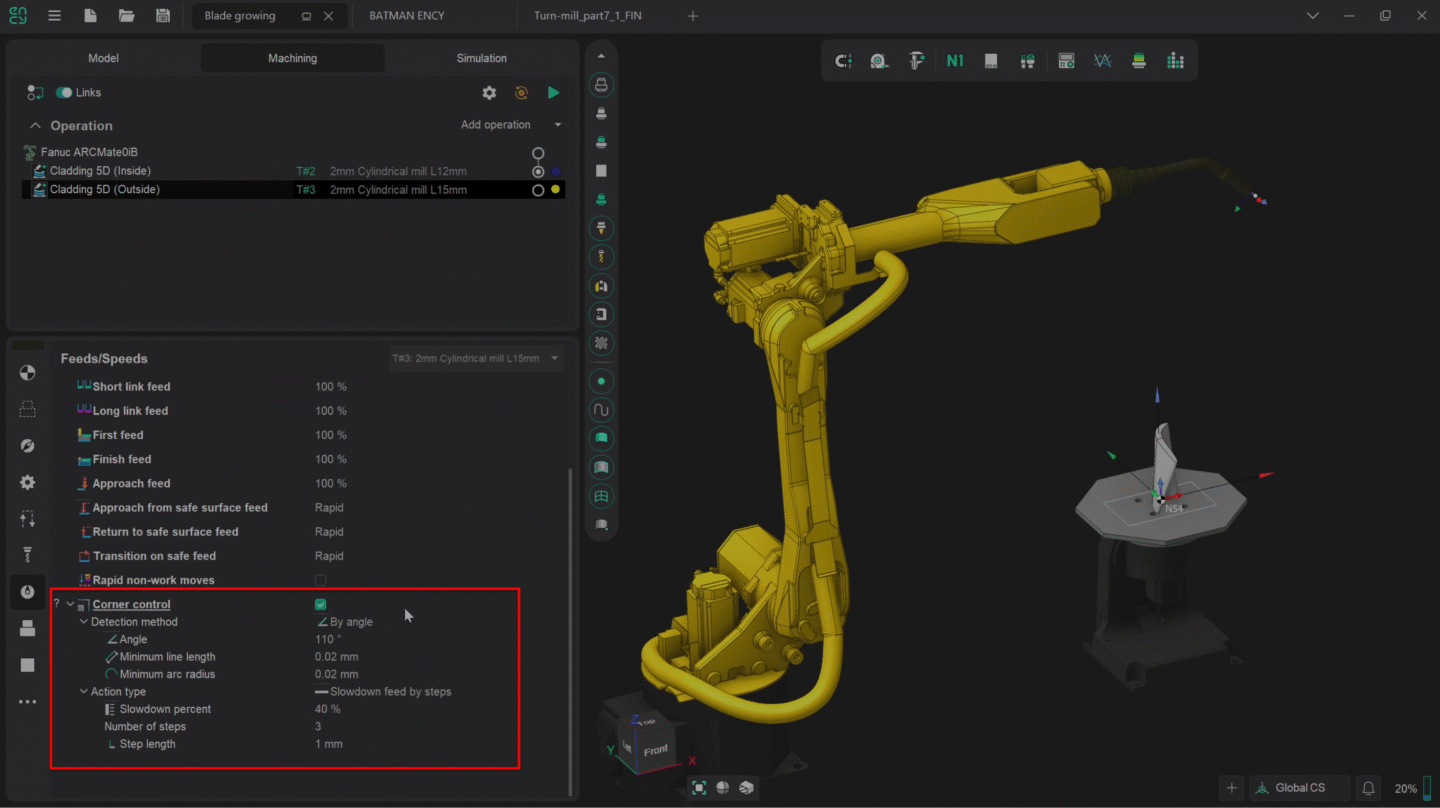 A mechanical robotic arm is being configured in a software interface.