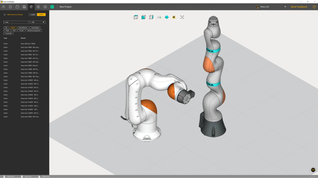A robotic arm and a sculptural figure are displayed in 3D software.