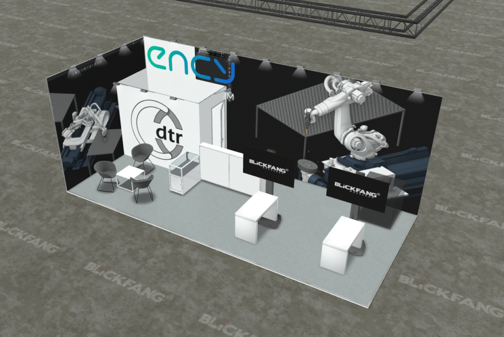 A virtual exhibition booth showcasing robotic technology and branding.