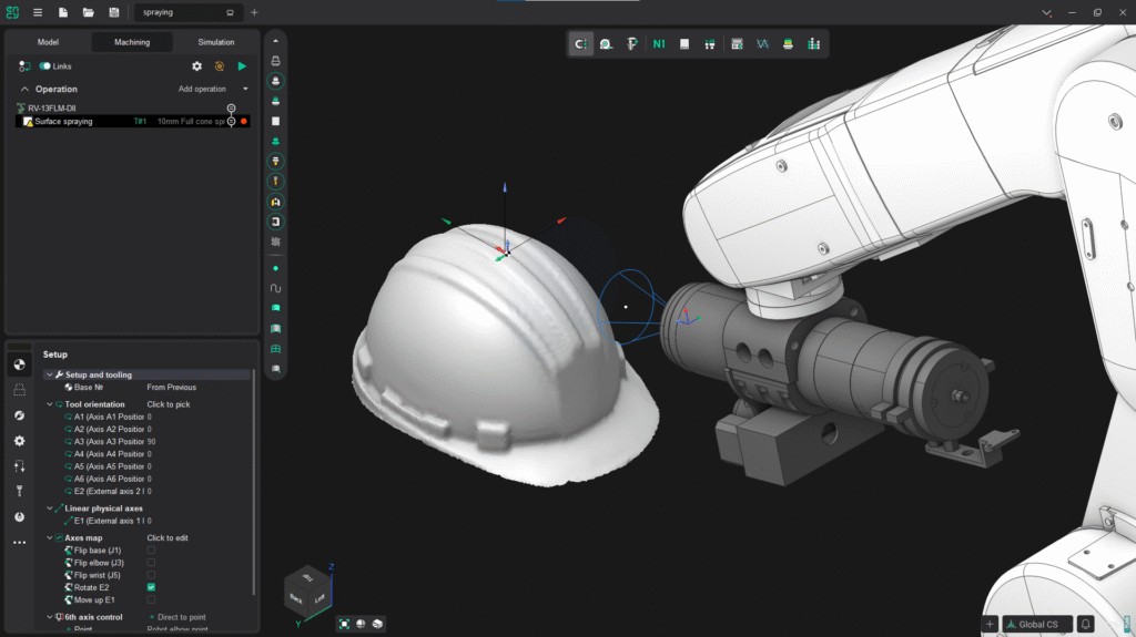 A 3D model visualization of a construction helmet and robotic arm.