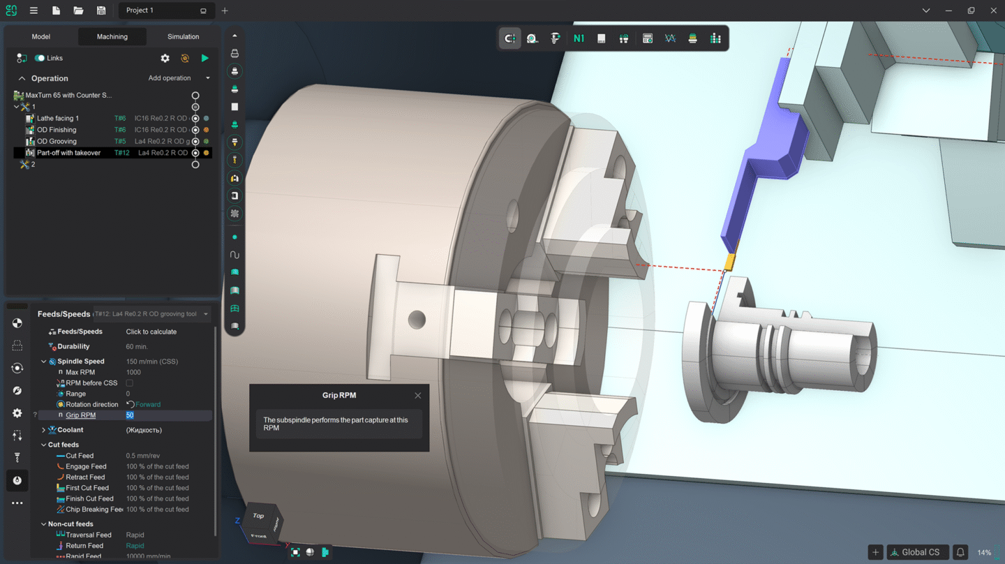 A 3D model displays a machined component and measuring tool.
