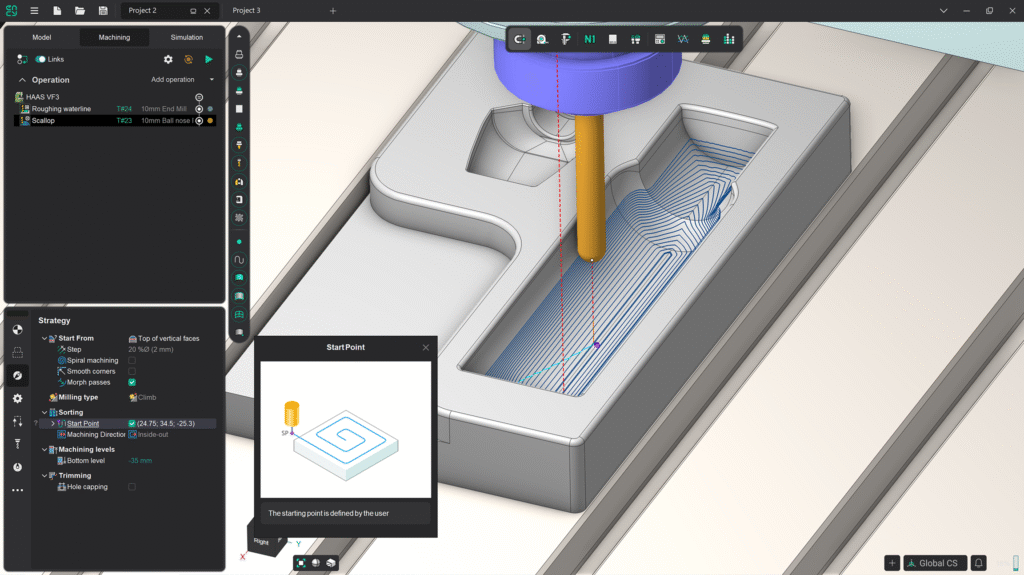 A CNC milling machine is carving a design into a metal surface.