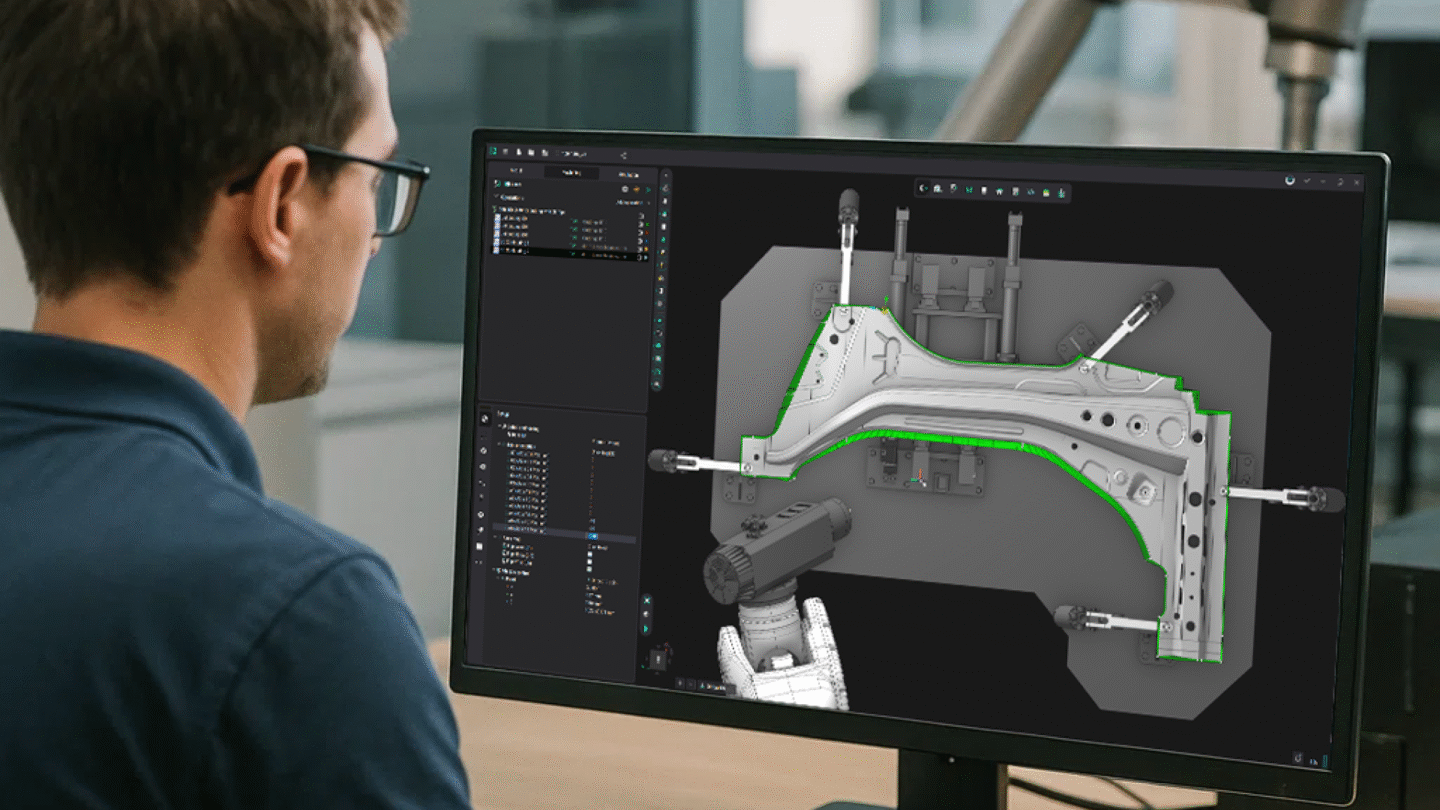 A designer examines a 3D model on a computer screen.