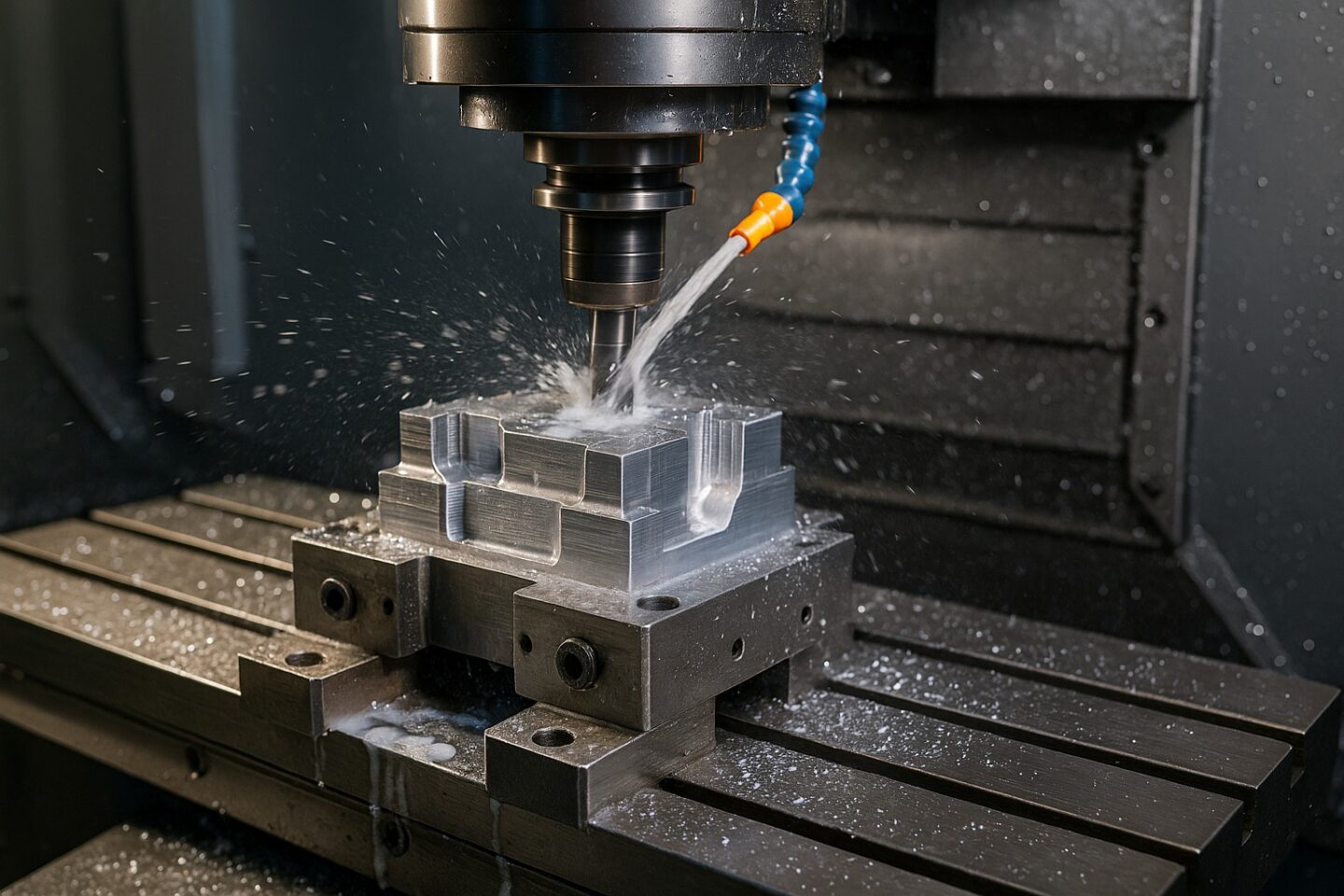 A CNC milling machine processes an aluminum block with coolant spray.