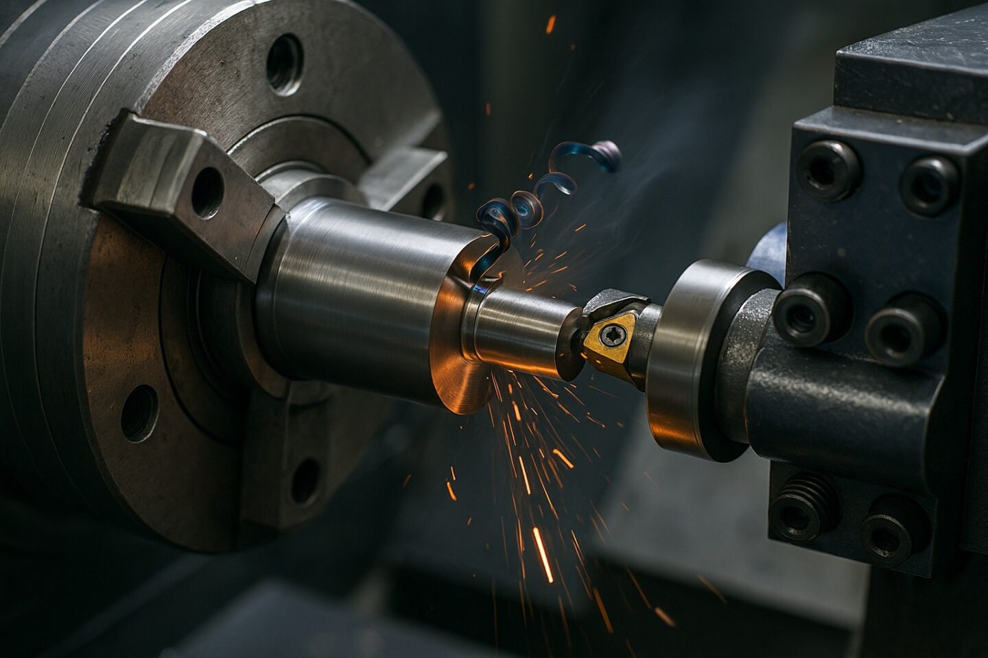 A steel bar is being precisely turned on a CNC lathe, producing sparks.