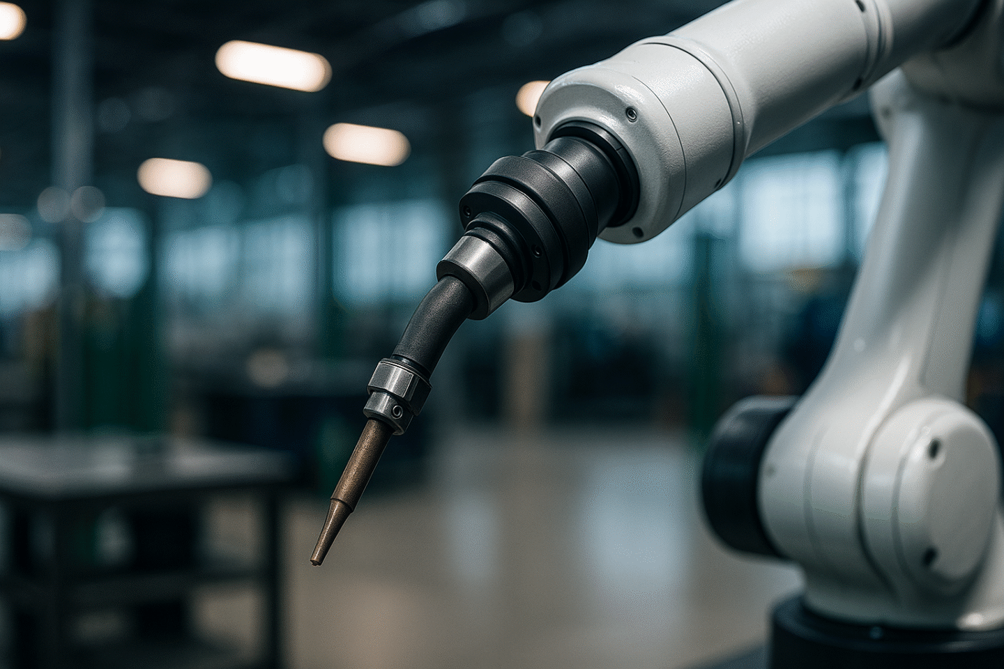 A robotic arm equipped with a welding tool stands in a workshop.
