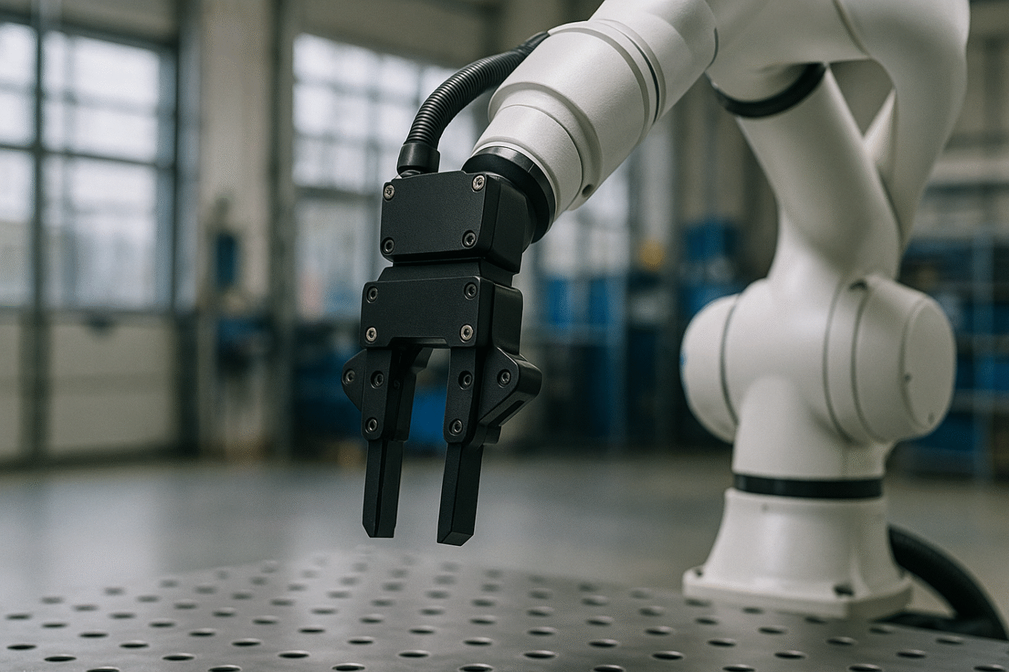 A robotic arm with a gripper is poised above a perforated surface.