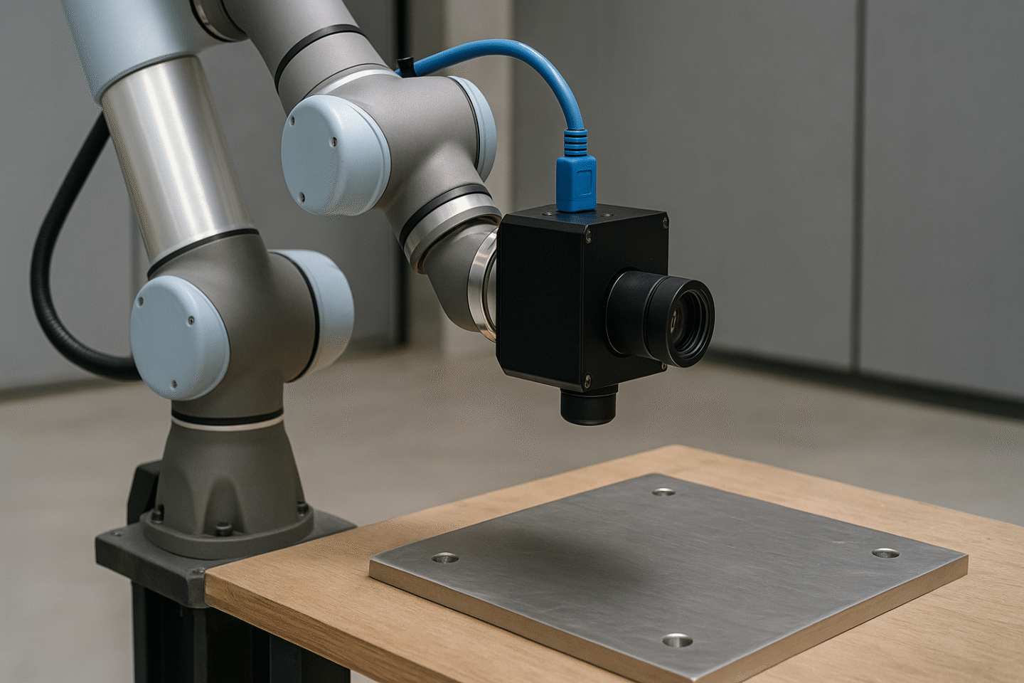 A robotic arm equipped with a camera is positioned over a metal surface.