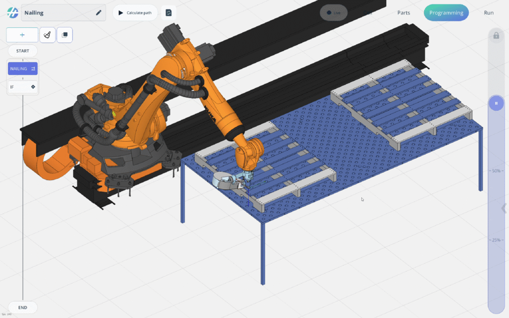 An industrial robotic arm assembles components on a conveyor table.