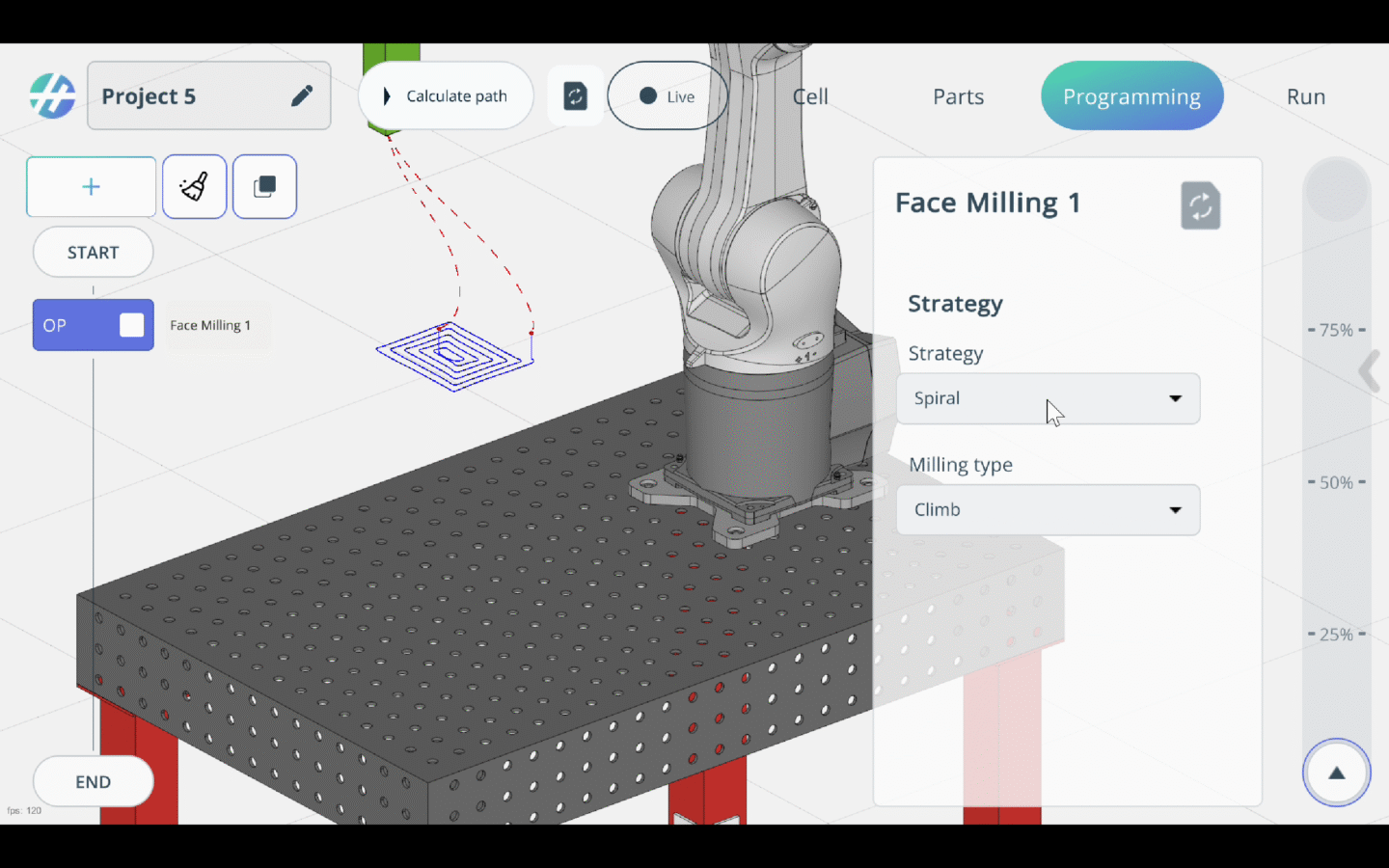 A robotic arm is set up for face milling on a workpiece.