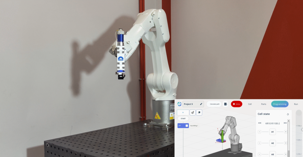 A robotic arm interacts with a digital interface, showcasing its movement.