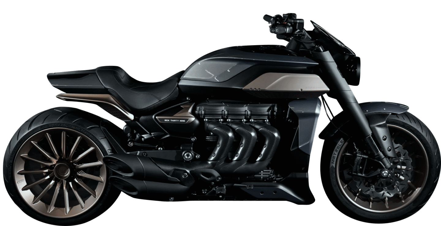 A sleek black motorcycle with an impressive engine design.