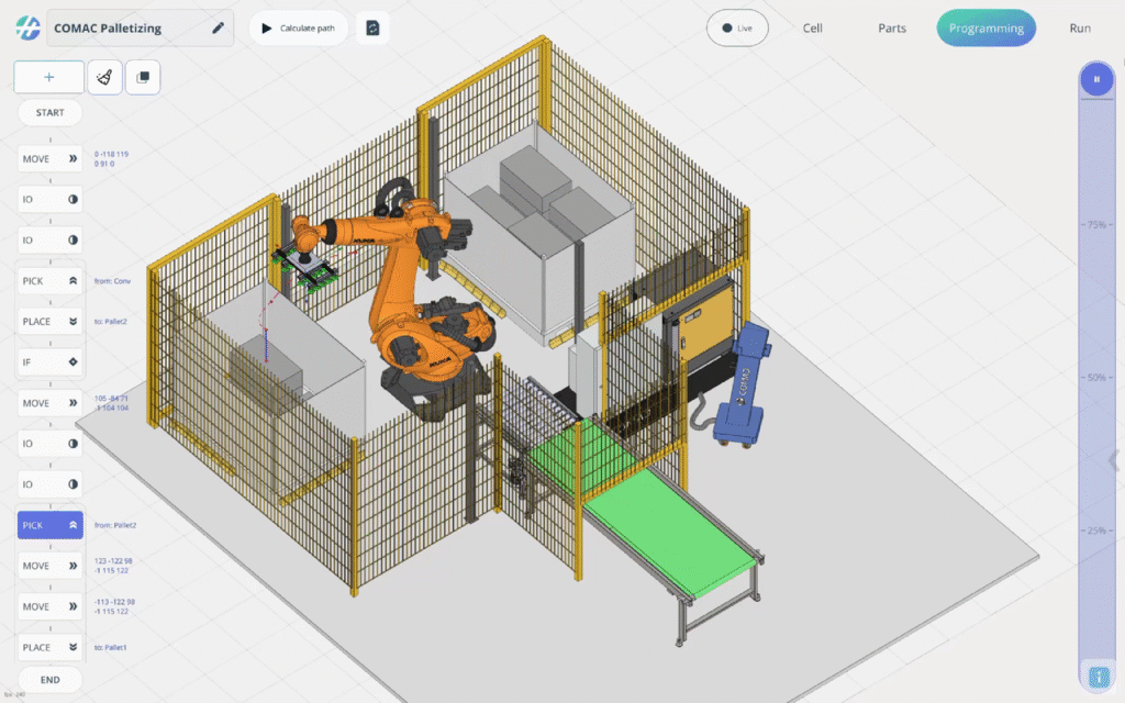 A robotic arm is assembling and packaging items on a pallet.